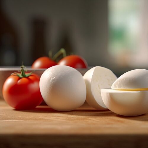 mozzarella balls with tomatoes on a wooden board