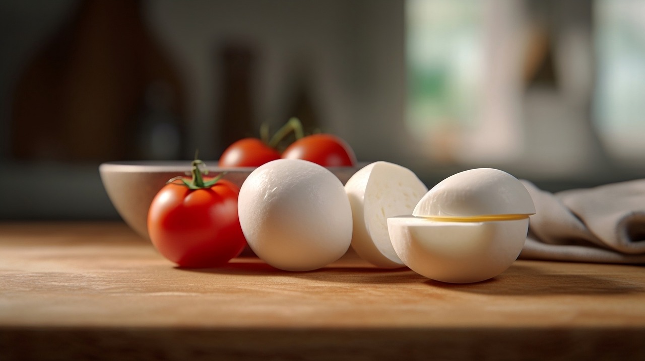 mozzarella balls with tomatoes on a wooden board