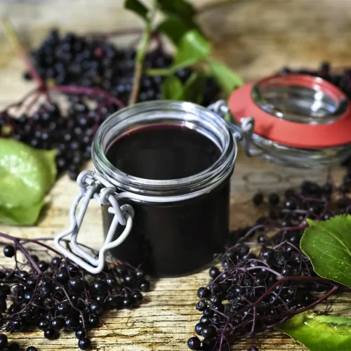 Deep purple elderberry syrup on a table with elderberry clusters