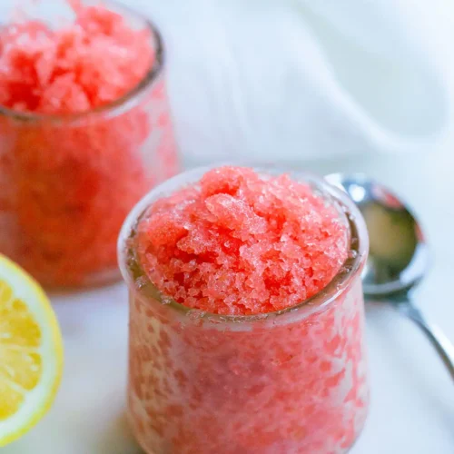 red watermelon granita in a glass jar