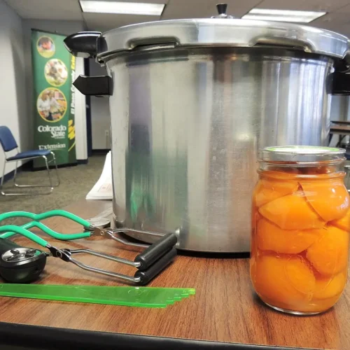 jar of peaches and canning supplies