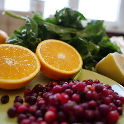 orange halves and red cranberries