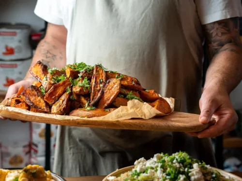 Pan-Roasted Sweet Potatoes & Carrots with Tahini Maple Sauce
